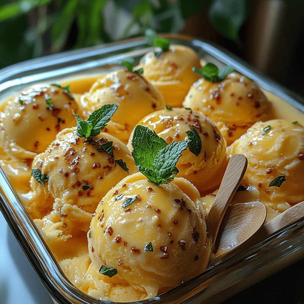 Imagine a sun-drenched afternoon, the warmth of summer wrapping around you like a gentle embrace, while a refreshing treat melts away the heat. Enter the <strong>Mango Lemonade Sorbet Spoons</strong>—a delightful, icy creation that promises to transport your taste buds straight to a tropical paradise. This recipe beautifully combines the succulent sweetness of ripe mangoes with the zesty brightness of fresh lemons, creating a sorbet that is not only refreshing but also bursting with flavor.” /></p>
</p>
<h3>Tips for Cooling and Storing Simple Syrup</h3>
</p>
<p>To ensure the perfect base for your Mango Lemonade Sorbet Spoons, cooling and storing your simple syrup correctly is essential. Once you’ve prepared your simple syrup, which consists of equal parts sugar and water heated until dissolved, allow it to cool at room temperature for about 30 minutes. After that, transfer it to an airtight container and place it in the refrigerator. The syrup can be stored for up to a month, making it a convenient ingredient for various beverages and desserts. Always ensure that your container is clean and dry before storing to maximize the syrup’s shelf life.</p>
</p>
<h3>Blending the Base</h3>
</p>
<p>The blending process is crucial for achieving a smooth and creamy texture in your sorbet. Start by adding your chilled mango puree, freshly squeezed lemon juice, and cooled simple syrup into a blender. For optimal blending techniques, ensure your ingredients are at a similar temperature; this helps in achieving an even consistency. Blend at a medium speed, gradually increasing to high until the mixture is fully combined and smooth.</p>
</p>
<p>If you prefer a finer texture, consider straining the blended mixture through a fine-mesh sieve or cheesecloth to remove any fibrous bits left from the mangoes. This step is particularly helpful if you’re using fresh mangoes that may have more texture than frozen ones. Straining ensures that every spoonful of your sorbet is silky and delightful.</p>
</p>
<h3>Chill and Freeze</h3>
</p>
<p>Before freezing your sorbet mixture, it’s vital to chill it thoroughly. This step enhances the texture and helps the sorbet freeze evenly, reducing the formation of ice crystals. Allow the mixture to chill in the refrigerator for at least 2 hours, or overnight if you have the time. This ensures that your sorbet will have the right consistency once it’s frozen.</p>
</p>
<p>For those using an ice cream maker, follow the manufacturer’s instructions for freezing the sorbet. Typically, this involves pouring your chilled mixture into the machine and churning it until it reaches a soft-serve consistency, which usually takes about 20-30 minutes. Once done, transfer the sorbet to a lidded container and freeze it for an additional 2-4 hours to firm up.</p>
</p>
<p>If you don’t have an ice cream maker, you can create the sorbet using a manual freezing method. Pour your chilled mixture into a shallow dish, like a metal baking pan, and place it in the freezer. Every 30 minutes, use a fork to scrape and stir the mixture vigorously. This process breaks up any ice crystals that form, resulting in a smoother texture. Continue this for about 3-4 hours, or until the sorbet is fully frozen and fluffy.</p>
</p>
<h3>Scooping and Serving</h3>
</p>
<p>When it comes to serving your Mango Lemonade Sorbet, presentation can elevate the experience significantly. You can use small dessert cups or elegant spoons for a more sophisticated touch. Consider garnishing your sorbet with fresh mint leaves, a slice of lemon, or even a sprinkle of lime zest for added visual appeal.</p>
</p>
<p>For a fun twist, serve the sorbet in hollowed-out fruit halves, such as mango shells or lemon peels. This not only looks stunning but also enhances the tropical theme of your dessert. Remember to keep the sorbet slightly softened for easier scooping. If you’ve stored it in the freezer for a longer time, let it sit at room temperature for about 5-10 minutes before attempting to scoop.</p>
</p>
<h3>Flavor Profile and Texture Considerations</h3>
</p>
<p>The flavor profile of your Mango Lemonade Sorbet is a delightful dance between sweetness and tartness. The natural sugars from ripe mangoes blend beautifully with the acidity of fresh lemon juice, creating a refreshing treat perfect for hot days. The creamy texture, achieved by blending the ingredients well, makes each spoonful a luscious experience.</p>
</p>
<p>For those looking to experiment, consider adding a splash of coconut milk for a tropical twist or replacing some of the lemon juice with lime juice to introduce a different citrus note. You could also mix in fresh herbs like basil or mint for an unexpected yet delightful flavor enhancement.</p>
</p>
<h3>Health Benefits of Mango Lemonade Sorbet</h3>
</p>
<p>One of the joys of making your own Mango Lemonade Sorbet is knowing exactly what goes into it. The main ingredients—mangoes, lemons, and simple syrup—offer a variety of health benefits. Mangoes are rich in vitamins A and C, fiber, and antioxidants, promoting overall health and well-being. Lemons provide a refreshing burst of vitamin C and can help improve digestion.</p>
</p>
<p>When compared to store-bought sorbets, homemade versions often contain fewer calories and no artificial additives or preservatives. Additionally, by controlling the amount of sugar in your simple syrup, you can customize the sweetness to your preference, making this sorbet a guilt-free indulgence.</p>
</p>
<h3>Occasions for Serving</h3>
</p>
<p>Mango Lemonade Sorbet Spoons are the quintessential summer treat, perfect for any gathering or celebration. Whether you’re hosting a backyard barbecue, a casual picnic, or a festive pool party, this refreshing dessert can impress your guests while keeping them cool. Due to its light and fruity nature, it also works beautifully as a palate cleanser between courses in a multi-course meal.</p>
</p>
<p>Pair your sorbet with grilled fish or chicken dishes for a delightful contrast, or serve it alongside a rich dessert like chocolate cake to balance indulgence with freshness. The versatility of this sorbet allows it to fit seamlessly into various menus.</p>
</p>
<h3>Conclusion</h3>
</p>
<p>Creating and enjoying Mango Lemonade Sorbet Spoons is not just about satisfying your sweet tooth; it’s about embracing the vibrant flavors of summer. This refreshing dessert combines health and indulgence, making it a fantastic choice for warm weather. The process of making your own sorbet allows for creativity and personalization, encouraging you to explore different flavors and ingredients.</p>
</p>
<p>As you savor each scoop of this delightful sorbet, remember that it’s not just a treat; it’s a celebration of the season’s bounty. So gather your ingredients, invite friends over, and let the joy of making and sharing this Mango Lemonade Sorbet inspire your summer gatherings. Enjoy crafting this tropical bliss in your kitchen, and don’t hesitate to experiment with flavors that resonate with your taste buds.</p>
</div>