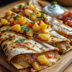 Quesadillas are a beloved staple in many households, cherished for their versatility and comforting qualities. This classic Mexican dish, typically made by folding a tortilla filled with cheese and other ingredients, can be customized to suit any taste or occasion. From simple cheese quesadillas to more elaborate versions, this dish has become a canvas for culinary creativity. In this recipe, we will explore a delightful twist on the traditional quesadilla: Zesty Pineapple Chicken Quesadillas.