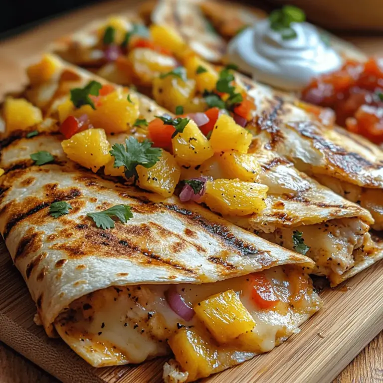 Quesadillas are a beloved staple in many households, cherished for their versatility and comforting qualities. This classic Mexican dish, typically made by folding a tortilla filled with cheese and other ingredients, can be customized to suit any taste or occasion. From simple cheese quesadillas to more elaborate versions, this dish has become a canvas for culinary creativity. In this recipe, we will explore a delightful twist on the traditional quesadilla: Zesty Pineapple Chicken Quesadillas.