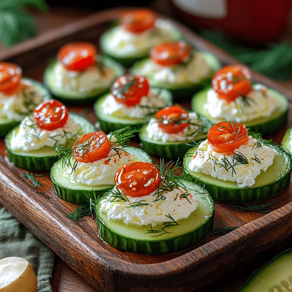 Appetizers have always held a special place in culinary culture, serving as delightful precursors to the main course while tantalizing our taste buds. In recent years, there has been a surge in the popularity of fresh, light snacks that not only satisfy hunger but also offer a burst of flavor. One such dish that perfectly embodies this trend is <strong>Whipped Feta Cucumber Bites</strong>. This recipe stands out as a harmonious blend of creamy, tangy feta cheese and the crisp freshness of cucumbers, making it an ideal choice for gatherings, parties, or a simple afternoon snack.” /></p>
</p>
<h3>Creative Presentation Ideas Using Piping Bags</h3>
</p>
<p>When it comes to serving your Whipped Feta Cucumber Bites, presentation is key. A piping bag can elevate the aesthetic appeal of your dish significantly. By piping the whipped feta onto your cucumber rounds, you not only create an appealing design but also add a touch of sophistication.</p>
</p>
<p>To start, fill a piping bag fitted with a star or round tip with your whipped feta mixture. You can create decorative swirls or simple dollops on each cucumber slice. For an artistic touch, consider alternating the piped feta with layers of sliced olives or chopped herbs, creating a visually striking pattern. The use of a piping bag allows for precision in portioning, ensuring that each bite is equally enticing.</p>
</p>
<h3>Suggestions for Additional Toppings</h3>
</p>
<p>While the whipped feta provides a rich and creamy base, additional toppings can enhance flavor and texture. Here are some delightful ideas to consider:</p>
</p>
<p>– <strong>Olives</strong>: Sliced Kalamata or green olives can introduce a briny contrast to the creamy feta. Simply sprinkle them on top or even mix them into the whipped feta for added flavor.</p>
<p>– <strong>Nuts</strong>: Chopped walnuts or pistachios can add a delightful crunch. Their nutty flavor pairs beautifully with the richness of the feta.</p>
<p>– <strong>Fresh Herbs</strong>: Beyond dill, consider adding chopped parsley, basil, or mint for a burst of freshness. These herbs not only enhance flavor but also add a pop of color.</p>
<p>– <strong>Spices</strong>: A sprinkle of smoked paprika or za’atar can give a unique twist to your bites. These spices enhance the Mediterranean flavor while adding visual interest.</p>
<p>– <strong>Pickled Vegetables</strong>: Adding a small piece of pickled onion or a pickle chip can introduce a tangy contrast that balances the richness of the feta.</p>
</p>
<h3>Discussing Serving Sizes and Portion Control</h3>
</p>
<p>When serving Whipped Feta Cucumber Bites, portion control is essential. Each cucumber slice offers a refreshing, low-calorie option that can fill guests without overwhelming them. Aim for about 2-3 bites per person, depending on the occasion and the number of other dishes being served.</p>
</p>
<p>If you’re hosting a larger gathering, consider arranging the cucumber bites on a large platter, with a few decorative elements like lemon wedges or additional sprigs of dill for garnish. This not only encourages guests to help themselves but also makes the presentation more inviting. Remember, the goal is to provide a light, satisfying appetizer that complements a variety of flavors while keeping it healthy.</p>
</p>
<h3>Garnishing for Flavor and Presentation</h3>
</p>
<h4>The Significance of Garnishing with Fresh Dill</h4>
</p>
<p>Garnishing your Whipped Feta Cucumber Bites with fresh dill is not just for decoration; it enhances the overall flavor profile of the dish. Dill complements the tanginess of the feta and adds a fresh, herbal note that elevates each bite. To garnish, simply place a small sprig of dill on top of the piped feta or sprinkle finely chopped dill over the entire platter for a cohesive look.</p>
</p>
<h4>Optional Garnishes: Cherry Tomatoes and Other Colorful Toppings</h4>
</p>
<p>In addition to dill, consider adding cherry tomatoes, sliced radishes, or colorful bell peppers as garnishes. These bright additions not only enhance the visual appeal but also contribute a variety of flavors and textures. For example, halved cherry tomatoes add a sweet and juicy contrast to the creamy feta, while thinly sliced radishes provide a crisp and peppery crunch.</p>
</p>
<h4>Tips for Plating and Serving to Enhance Visual Appeal</h4>
</p>
<p>To further enhance the presentation, consider using a white or light-colored platter that allows the vibrant colors of the cucumbers and toppings to pop. Arrange the cucumber bites in a circular pattern or in neat rows for a tidy appearance. If you have extra toppings, consider serving them in small bowls alongside the bites, allowing guests to customize their flavors.</p>
</p>
<h3>Serving Suggestions and Pairings</h3>
</p>
<h4>Ideal Occasions for Serving Whipped Feta Cucumber Bites</h4>
</p>
<p>Whipped Feta Cucumber Bites are incredibly versatile and suitable for various occasions. They make an excellent appetizer for cocktail parties, summer barbecues, and holiday gatherings. Their refreshing taste and light nature make them a perfect choice for warm-weather events, while their elegant presentation makes them suitable for formal dinners.</p>
</p>
<h4>Suggested Drink Pairings</h4>
</p>
<p>Pairing drinks with your Whipped Feta Cucumber Bites can enhance the overall experience. Here are some suggestions:</p>
</p>
<p>– <strong>Wines</strong>: A crisp Sauvignon Blanc or a light Pinot Grigio complements the feta’s tanginess beautifully. For red wine enthusiasts, a light-bodied Grenache can add a pleasant contrast.</p>
<p>– <strong>Cocktails</strong>: Consider serving a gin and tonic garnished with cucumber slices, which ties in nicely with the dish. A light spritz or Prosecco can also be a refreshing choice.</p>
<p>– <strong>Non-Alcoholic Beverages</strong>: Sparkling water with a splash of lemon or a refreshing iced herbal tea can pair wonderfully, providing a light and refreshing counterpoint to the bites.</p>
</p>
<h4>How to Integrate These Bites into a Larger Appetizer Spread</h4>
</p>
<p>Whipped Feta Cucumber Bites can easily take center stage on a larger appetizer spread. To create a balanced selection, consider pairing them with other light bites like stuffed grape leaves, antipasto skewers, or a fresh fruit platter. The variety will cater to different tastes and dietary preferences, ensuring that every guest finds something they enjoy.</p>
</p>
<h3>Culinary Variations</h3>
</p>
<h4>Exploring Different Flavor Profiles</h4>
</p>
<p>Don’t hesitate to get creative with your Whipped Feta Cucumber Bites by exploring various flavor profiles:</p>
</p>
<p>– <strong>Mediterranean Twist</strong>: Incorporate sun-dried tomatoes, olives, and oregano into the whipped feta for a robust Mediterranean flavor.</p>
<p>– <strong>Spicy Kick</strong>: Add a pinch of crushed red pepper flakes or a dash of hot sauce to the whipped feta to introduce a spicy element.</p>
<p>– <strong>Herb-Infused</strong>: Experiment with different fresh herbs like basil or chives to create unique flavor variations that suit your palate.</p>
</p>
<h4>Seasonal Variations Using Different Herbs or Vegetables</h4>
</p>
<p>Seasonal ingredients can also inspire variations. In the summer, you might incorporate fresh basil or ripe tomatoes, while in the fall, consider adding roasted pumpkin seeds or a sprinkle of nutmeg for a warmer flavor profile.</p>
</p>
<h4>Incorporating Your Own Twists to the Original Recipe</h4>
</p>
<p>Feel free to personalize the recipe further by adding your favorite ingredients. Perhaps you enjoy a hint of lemon zest or a drizzle of balsamic glaze for a touch of sweetness. The key is to maintain the balance between the creamy feta, the freshness of the cucumber, and any additional flavors you choose to incorporate.</p>
</p>
<h3>Nutritional Information</h3>
</p>
<h4>Breakdown of Calories and Macronutrients Per Serving</h4>
</p>
<p>Each serving of Whipped Feta Cucumber Bites is not only delicious but also relatively healthy. On average, one cucumber slice topped with whipped feta contains approximately 50 calories, 3 grams of protein, 3 grams of fat, and 4 grams of carbohydrates. These bites are low in calories and can fit well into a balanced diet.</p>
</p>
<h4>Health Benefits of the Recipe’s Ingredients</h4>
</p>
<p>The ingredients used in this recipe offer numerous health benefits. Cucumbers are hydrating and low in calories, making them an excellent base for any appetizer. Feta cheese, while rich in flavor, is also a good source of protein and calcium. Furthermore, fresh herbs like dill are packed with antioxidants and have anti-inflammatory properties, contributing to overall health.</p>
</p>
<h4>Considerations for Dietary Restrictions</h4>
</p>
<p>This recipe is naturally gluten-free and low in carbohydrates, making it suitable for various dietary preferences. If you are accommodating guests with specific dietary restrictions, feel free to modify the toppings to ensure everyone enjoys this delightful appetizer.</p>
</p>
<h3>Conclusion</h3>
</p>
<p>Whipped Feta Cucumber Bites are a versatile and impressive appetizer that is sure to delight your guests. Their light and refreshing nature, combined with the creamy richness of whipped feta, makes them an appealing choice for any occasion. By experimenting with different flavors, garnishes, and presentation styles, you can create a dish that is uniquely yours.</p>
</p>
<p>Whether you’re hosting a casual gathering or a formal dinner party, these bites are bound to impress. Don’t hesitate to get creative with your toppings and garnishes, and enjoy the process of crafting a delicious and visually stunning appetizer. With each bite, you will be serving up not just a snack but a delightful culinary experience that is both healthy and satisfying.</p>
</div>