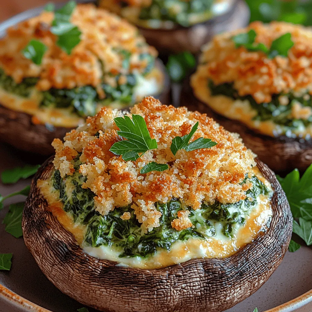 Stuffed mushrooms are a beloved appetizer that has graced dining tables and party platters for generations. Their versatility and ability to marry flavors make them a favorite among both home cooks and professional chefs. From traditional fillings to more adventurous combinations, stuffed mushrooms can cater to a wide array of tastes. In this recipe, we will explore the delightful world of <strong>Savory Parmesan Spinach Stuffed Mushrooms</strong>, a dish that perfectly balances the earthy richness of mushrooms with a savory filling that features the fresh, vibrant taste of spinach and the deep umami of Parmesan.” /></p>
</p>
<h3>Preparation of the Mushrooms</h3>
</p>
<p>When it comes to preparing Savory Parmesan Spinach Stuffed Mushrooms, the first step is crucial: cleaning and arranging the mushrooms. Start by selecting large, firm mushrooms, ideally cremini or portobello, as their size allows for ample stuffing. Before you begin, wash the mushrooms gently under cold running water to remove any dirt or debris. Avoid soaking them, as mushrooms are porous and absorb water, which can make them soggy.</p>
</p>
<p>After washing, pat the mushrooms dry with a paper towel and remove the stems. Gently twist the stems to detach them, and be careful not to break the caps. You can finely chop the stems and add them to your filling mixture for added flavor. Arrange the cleaned mushroom caps upside down on a baking sheet lined with parchment paper to prepare them for stuffing. This arrangement not only helps the mushrooms maintain their shape but also allows any excess moisture to drain away during baking.</p>
</p>
<h3>Cooking the Spinach</h3>
</p>
<p>The next critical step in the recipe is cooking the spinach. Sautéing spinach is a quick and effective way to preserve its nutrients while enhancing its flavor. Heat a tablespoon of olive oil or butter in a skillet over medium heat. Add the chopped spinach and a pinch of salt to the pan, stirring frequently. In just a few minutes, the spinach will wilt down significantly.</p>
</p>
<p>To ensure you retain as much of the nutrients as possible, avoid overcooking the spinach. Cook it until just wilted—this will keep the vibrant green color and essential vitamins intact. Once cooked, remove the spinach from the heat and place it in a colander to drain any excess moisture. Press gently with a spatula or the back of a spoon to remove any additional liquid, as too much moisture can lead to a soggy filling.</p>
</p>
<h3>Mixing the Filling</h3>
</p>
<p>With the spinach ready, it’s time to mix the filling. In a mixing bowl, combine the drained spinach with ricotta cheese, grated Parmesan cheese, minced garlic, salt, and pepper. For a burst of flavor, consider adding freshly chopped herbs such as parsley or thyme. The key to a successful filling is achieving the right consistency—creamy yet firm enough to hold its shape when stuffed into the mushrooms.</p>
</p>
<p>Use a fork or spatula to thoroughly mix the ingredients until they are well combined. Taste the mixture and adjust the seasoning as needed. If you prefer a bit more richness, you can add a splash of cream or a dollop of sour cream. The balance of flavors is essential, so don’t shy away from experimenting with seasonings to make the filling truly your own.</p>
</p>
<h3>Filling the Mushrooms</h3>
</p>
<p>Now comes the fun part: filling the mushrooms! Using a small spoon or an offset spatula, carefully spoon the filling into each mushroom cap. Be generous, as the filling will shrink slightly during baking. Ensure even distribution among the caps, pressing the filling down gently to avoid air pockets. This step is crucial for achieving a delightful bite every time.</p>
</p>
<p>For an extra touch, you can create a slight mound of filling on each cap, which will give them a more appetizing appearance once baked. As you fill each mushroom, keep an eye on the overall presentation, aiming for a neat and tidy arrangement on the baking sheet.</p>
</p>
<h3>Topping the Mushrooms</h3>
</p>
<p>To add an extra layer of flavor and texture, topping the stuffed mushrooms with breadcrumbs is essential. Combine plain or seasoned breadcrumbs with a bit of melted butter or olive oil, mixing until the crumbs are evenly coated. This will not only help them crisp up during baking but also adds a delightful crunch that contrasts beautifully with the creamy filling.</p>
</p>
<p>Sprinkle a generous amount of the breadcrumb mixture over each stuffed mushroom, ensuring that they are well-covered. This step is important as it creates a golden, crispy topping that enhances the overall texture and flavor of the dish.</p>
</p>
<h3>Baking the Stuffed Mushrooms</h3>
</p>
<h4>The Baking Process</h4>
</p>
<p>Preheat your oven to 375°F (190°C) to prepare for baking. Once the oven is ready, place the baking sheet with the stuffed mushrooms in the oven. Bake for approximately 20-25 minutes, or until the tops are golden brown and the mushrooms have released their juices. This cooking time allows the flavors to meld and the filling to heat through thoroughly.</p>
</p>
<h4>Signs That the Mushrooms Are Done</h4>
</p>
<p>You’ll know the stuffed mushrooms are ready when they are golden brown on top and the mushroom caps have softened. The filling should be bubbly, and you should be able to see slight browning on the breadcrumbs. To check for doneness, carefully lift one of the mushroom caps with a fork; it should feel tender but still hold its shape.</p>
</p>
<p>Once they have reached perfection, remove the mushrooms from the oven and let them cool for a few minutes before serving. This cooling period helps the flavors settle and makes them easier to handle.</p>
</p>
<h3>Serving Suggestions</h3>
</p>
<h4>Presentation Ideas</h4>
</p>
<p>When it comes to plating your Savory Parmesan Spinach Stuffed Mushrooms, presentation is key. Arrange the stuffed mushrooms on a beautiful serving platter, drizzling a little balsamic reduction or olive oil around the plate for added flair. Garnish with freshly chopped parsley or microgreens for a pop of color. This will not only make the dish visually appealing but also entice your guests to dig in.</p>
</p>
<h4>Pairing Suggestions</h4>
</p>
<p>For an elevated dining experience, consider pairing these stuffed mushrooms with a light salad, such as a simple arugula salad with lemon vinaigrette. The freshness of the salad complements the richness of the mushrooms perfectly. As for beverages, a crisp white wine, such as Sauvignon Blanc or a light-bodied red like Pinot Noir, would enhance the flavors beautifully.</p>
</p>
<h4>Ideal Occasions for Serving</h4>
</p>
<p>Savory Parmesan Spinach Stuffed Mushrooms make a versatile dish suitable for a variety of occasions. They shine as appetizers at parties and family gatherings, but they can also be served as a side dish for casual dinners. Whether you’re hosting a holiday feast or a simple weeknight meal, these stuffed mushrooms will impress your guests and family alike.</p>
</p>
<h3>Nutritional Information</h3>
</p>
<p>For those who are health-conscious, here’s a quick breakdown of the nutritional information per serving (approximately 2 stuffed mushrooms):</p>
</p>
<p>– <strong>Calories</strong>: 150</p>
<p>– <strong>Protein</strong>: 8g</p>
<p>– <strong>Carbohydrates</strong>: 10g</p>
<p>– <strong>Fat</strong>: 9g</p>
<p>– <strong>Fiber</strong>: 2g</p>
</p>
<h4>Health Benefits of the Ingredients</h4>
</p>
<p>The ingredients in these stuffed mushrooms offer numerous health benefits. Spinach is rich in vitamins A, C, and K, as well as iron and calcium, making it a powerhouse of nutrients. Mushrooms provide essential B vitamins and antioxidants, while the combination of cheeses adds calcium and protein to the dish. The use of olive oil not only lends flavor but also contributes healthy fats beneficial for heart health. Overall, this dish is not only delicious but also nutritious.</p>
</p>
<h3>Conclusion</h3>
</p>
<p>In summary, Savory Parmesan Spinach Stuffed Mushrooms are a delightful combination of flavors and textures that are sure to be a hit at any gathering. The creamy spinach filling, complemented by the earthy mushrooms and crispy breadcrumb topping, creates a mouthwatering experience that is both satisfying and elegant.</p>
</p>
<p>We encourage you to try this recipe for your next family meal or gathering, as it is easy to prepare and will undoubtedly impress your guests. The versatility of stuffed mushrooms allows them to be adapted to various cuisines, so don’t hesitate to experiment with different fillings and flavors. Whether you stick with the classic parmesan and spinach or venture into new territory, these stuffed mushrooms are destined to become a favorite in your culinary repertoire.</p>
</div>