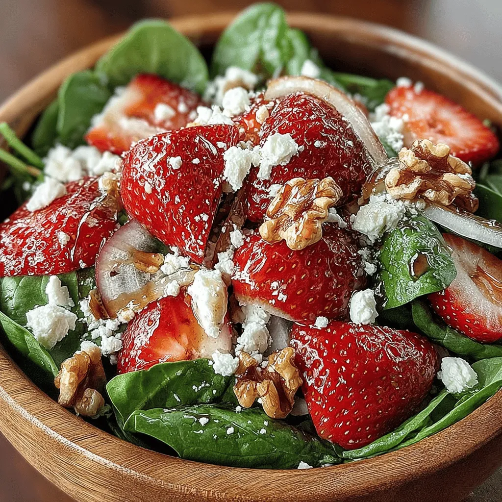 As the sun shines brightly and temperatures soar, many of us crave meals that are not only refreshing but also light and invigorating. The <strong>Refreshing Summer Strawberry Spinach Salad</strong> perfectly captures the essence of summer, making it an ideal choice for picnics, barbecues, and leisurely lunches. This vibrant salad combines the sweetness of ripe strawberries with the earthiness of fresh spinach, creating a delightful medley of flavors and textures that can elevate any summer meal.” /></p>
</p>
<h2>Techniques for Slicing Strawberries and Onions</h2>
</p>
<p>To achieve the best flavor and presentation in your summer salad, proper slicing techniques for strawberries and onions are crucial. For the strawberries, follow these steps:</p>
</p>
<p>1. <strong>Choose Ripe Strawberries</strong>: Look for bright red strawberries that are firm and fragrant. Wash them gently under cold water and pat dry.</p>
<p>2. <strong>Remove the Green Tops</strong>: Use a sharp knife to cut off the green leafy tops, known as the calyx.</p>
<p>3. <strong>Slice Evenly</strong>: Place the strawberry on its side and slice it into even rounds or wedges, depending on your preference. For a more elegant presentation, consider slicing them thinly.</p>
</p>
<p>For the onions, particularly red onions, which add a nice crunch and a touch of sweetness:</p>
</p>
<p>1. <strong>Peel the Onion</strong>: Remove the outer skin and any thin layers that may be dried out.</p>
<p>2. <strong>Halve the Onion</strong>: Cut the onion in half from root to tip.</p>
<p>3. <strong>Slice Thinly</strong>: Lay each half flat on the cutting board and slice thinly across the width. If the flavor is too strong, soak the slices in cold water for about 10 minutes before adding to your salad to mellow the taste.</p>
</p>
<h2>Recommended Methods for Incorporating Nuts and Cheese</h2>
</p>
<p>To add texture and flavor depth to your salad, incorporating nuts and cheese is a fantastic choice. Here are some recommended methods:</p>
</p>
<p>– <strong>Nuts</strong>: Toasting nuts like pecans or walnuts enhances their flavor. Simply spread them on a baking sheet and bake at 350°F (175°C) for about 8-10 minutes, stirring occasionally until golden. Allow them to cool before adding them to the salad.</p>
</p>
<p>– <strong>Cheese</strong>: Feta cheese is a popular choice for this salad as its creamy, tangy flavor complements the sweetness of the strawberries. Crumble the feta into small pieces for easy distribution throughout the salad. If you prefer a stronger flavor, goat cheese is also an excellent option.</p>
</p>
<h2>Crafting the Perfect Dressing</h2>
</p>
<p>A well-balanced dressing ties the salad together, enhancing the flavors of the ingredients. Here’s how to create a delicious homemade balsamic dressing:</p>
</p>
<h3>Detailed Instructions for Making a Homemade Balsamic Dressing</h3>
</p>
<p><strong>Ingredients</strong>:</p>
<p>– 1/2 cup balsamic vinegar</p>
<p>– 1/4 cup extra virgin olive oil</p>
<p>– 1 tablespoon honey or maple syrup (for a vegan option)</p>
<p>– 1 teaspoon Dijon mustard</p>
<p>– Salt and pepper to taste</p>
</p>
<p><strong>Instructions</strong>:</p>
<p>1. <strong>Combine Ingredients</strong>: In a small bowl or jar, whisk together balsamic vinegar, honey (or maple syrup), and Dijon mustard.</p>
<p>2. <strong>Emulsify</strong>: Slowly drizzle in the olive oil while whisking continuously to create a smooth emulsion.</p>
<p>3. <strong>Season</strong>: Add salt and pepper to taste. Adjust sweetness or acidity according to your preference. If you prefer a tangier dressing, add more vinegar.</p>
</p>
<h3>Tips on Balancing Flavors (Sweet, Sour, Salty)</h3>
</p>
<p>To achieve a harmonious dressing, consider the following tips:</p>
<p>– If the dressing is too sweet, add a splash of vinegar to enhance the tanginess.</p>
<p>– For a savory touch, a pinch of salt or additional Dijon mustard can elevate the flavor.</p>
<p>– Taste as you go, adjusting the ingredients until the balance suits your palate.</p>
</p>
<h2>Final Assembly of the Salad</h2>
</p>
<p>Once you have all your ingredients ready, it’s time to assemble the salad:</p>
</p>
<p>1. <strong>Base Layer</strong>: Start with a generous base of fresh spinach leaves in a large salad bowl.</p>
<p>2. <strong>Add the Strawberries and Onions</strong>: Distribute the sliced strawberries and onions evenly over the spinach.</p>
<p>3. <strong>Incorporate Nuts and Cheese</strong>: Sprinkle the toasted nuts and crumbled cheese on top.</p>
<p>4. <strong>Dress the Salad</strong>: Just before serving, drizzle the balsamic dressing over the salad. Toss gently to combine, ensuring all ingredients are coated without bruising the spinach.</p>
</p>
<h3>Importance of Tossing the Salad Just Before Serving</h3>
</p>
<p>Tossing the salad right before serving ensures that the spinach remains crisp and doesn’t wilt from sitting in the dressing too long. This final toss also helps to evenly distribute the flavors and textures, making each bite delightful.</p>
</p>
<h3>Suggestions for Serving Styles (Individual Plates vs. Family-Style)</h3>
</p>
<p>For presentation, you can serve this salad in various ways:</p>
<p>– <strong>Individual Plates</strong>: Portion the salad into individual bowls for a refined dining experience. This is perfect for dinner parties or special occasions.</p>
<p>– <strong>Family-Style</strong>: Serve the salad in a large bowl at the center of the table, allowing guests to help themselves. This style encourages sharing and conversation, making it ideal for picnics and casual gatherings.</p>
</p>
<h2>Nutritional Analysis</h2>
</p>
<h3>Breakdown of Calories and Nutrients Per Serving</h3>
</p>
<p>A typical serving of this Refreshing Summer Strawberry Spinach Salad (approximately 1 cup) contains:</p>
</p>
<p>– <strong>Calories</strong>: 150-200</p>
<p>– <strong>Protein</strong>: 5g</p>
<p>– <strong>Fat</strong>: 10g (mostly healthy fats from olive oil and nuts)</p>
<p>– <strong>Carbohydrates</strong>: 15g</p>
<p>– <strong>Fiber</strong>: 4g</p>
<p>– <strong>Sugar</strong>: 6g (natural sugars from strawberries)</p>
</p>
<h3>Discussion on the Health Benefits of Consuming This Salad Regularly</h3>
</p>
<p>This salad is not only delicious but also packed with health benefits:</p>
<p>– <strong>Rich in Antioxidants</strong>: Strawberries are high in vitamin C and antioxidants, which help combat oxidative stress.</p>
<p>– <strong>Heart Health</strong>: Spinach is rich in nitrates, which can help lower blood pressure and improve cardiovascular health.</p>
<p>– <strong>Nutrient-Dense</strong>: The combination of nuts and cheese provides essential fatty acids and protein, making it a balanced meal option.</p>
</p>
<h3>Potential Variations to Accommodate Dietary Restrictions (Vegan, Nut-Free Options)</h3>
</p>
<p>To accommodate different dietary needs, consider these variations:</p>
<p>– <strong>Vegan Option</strong>: Substitute honey with maple syrup in the dressing and omit cheese or use a vegan cheese alternative.</p>
<p>– <strong>Nut-Free Option</strong>: Replace nuts with crispy chickpeas for added crunch without the allergens.</p>
</p>
<h2>Serving Suggestions</h2>
</p>
<h3>Ideal Occasions for Serving This Salad</h3>
</p>
<p>This refreshing summer salad is versatile and perfect for various occasions:</p>
<p>– <strong>Picnics</strong>: Easy to transport and can be made ahead.</p>
<p>– <strong>Barbecues</strong>: Complements grilled meats beautifully.</p>
<p>– <strong>Light Lunches</strong>: A great choice for a nutritious midday meal.</p>
</p>
<h3>Complementary Dishes that Pair Well with the Salad</h3>
</p>
<p>To create a complete meal, consider these complementary dishes:</p>
<p>– Grilled chicken or shrimp for added protein.</p>
<p>– Quinoa or couscous as a side dish to enhance the meal’s fiber content.</p>
<p>– A light, crusty bread to soak up any leftover dressing.</p>
</p>
<h3>How to Elevate the Salad for a More Gourmet Experience</h3>
</p>
<p>– <strong>Add Protein</strong>: Grilled chicken, shrimp, or even tofu can transform this salad into a heartier meal.</p>
<p>– <strong>Different Cheeses</strong>: Experiment with various cheeses such as blue cheese or shaved Parmesan for a gourmet touch.</p>
<p>– <strong>Fruits</strong>: Incorporate other fruits like peaches or blueberries for an exciting twist on flavors.</p>
</p>
<h2>Conclusion</h2>
</p>
<p>The Refreshing Summer Strawberry Spinach Salad is a delightful combination of taste and health that captures the essence of summer dining. With its vibrant colors and fresh ingredients, this salad elevates any meal while providing essential nutrients.</p>
</p>
<p>Don’t hesitate to experiment with the ingredients, adjust the dressing to your taste, and add your personal flair to this recipe. Whether enjoyed at a picnic, a barbecue, or as a light lunch, this salad is sure to become a staple in your summer repertoire.</p>
</p>
<p>Embrace the joy of seasonal ingredients and relish the refreshing flavors of this strawberry spinach salad, making it a perfect choice for your warm-weather gatherings.</p>
</div>