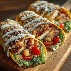 To create a delightful Grilled Chicken Caesar Salad Wrap, start by mixing your salad ingredients. In a medium-sized bowl, combine cherry tomatoes, Caesar dressing, and grated Parmesan cheese. The bright acidity of the cherry tomatoes complements the richness of the Caesar dressing, while the Parmesan adds a savory depth to the flavor profile. Toss these ingredients together gently to ensure the tomatoes are coated in the dressing and the cheese is evenly distributed throughout. This mixture will serve as the heart of your wrap, providing delicious flavors that meld beautifully with the grilled chicken.