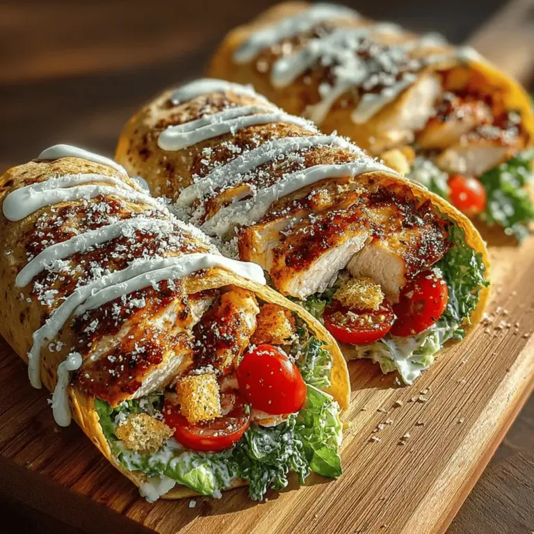 To create a delightful Grilled Chicken Caesar Salad Wrap, start by mixing your salad ingredients. In a medium-sized bowl, combine cherry tomatoes, Caesar dressing, and grated Parmesan cheese. The bright acidity of the cherry tomatoes complements the richness of the Caesar dressing, while the Parmesan adds a savory depth to the flavor profile. Toss these ingredients together gently to ensure the tomatoes are coated in the dressing and the cheese is evenly distributed throughout. This mixture will serve as the heart of your wrap, providing delicious flavors that meld beautifully with the grilled chicken.
