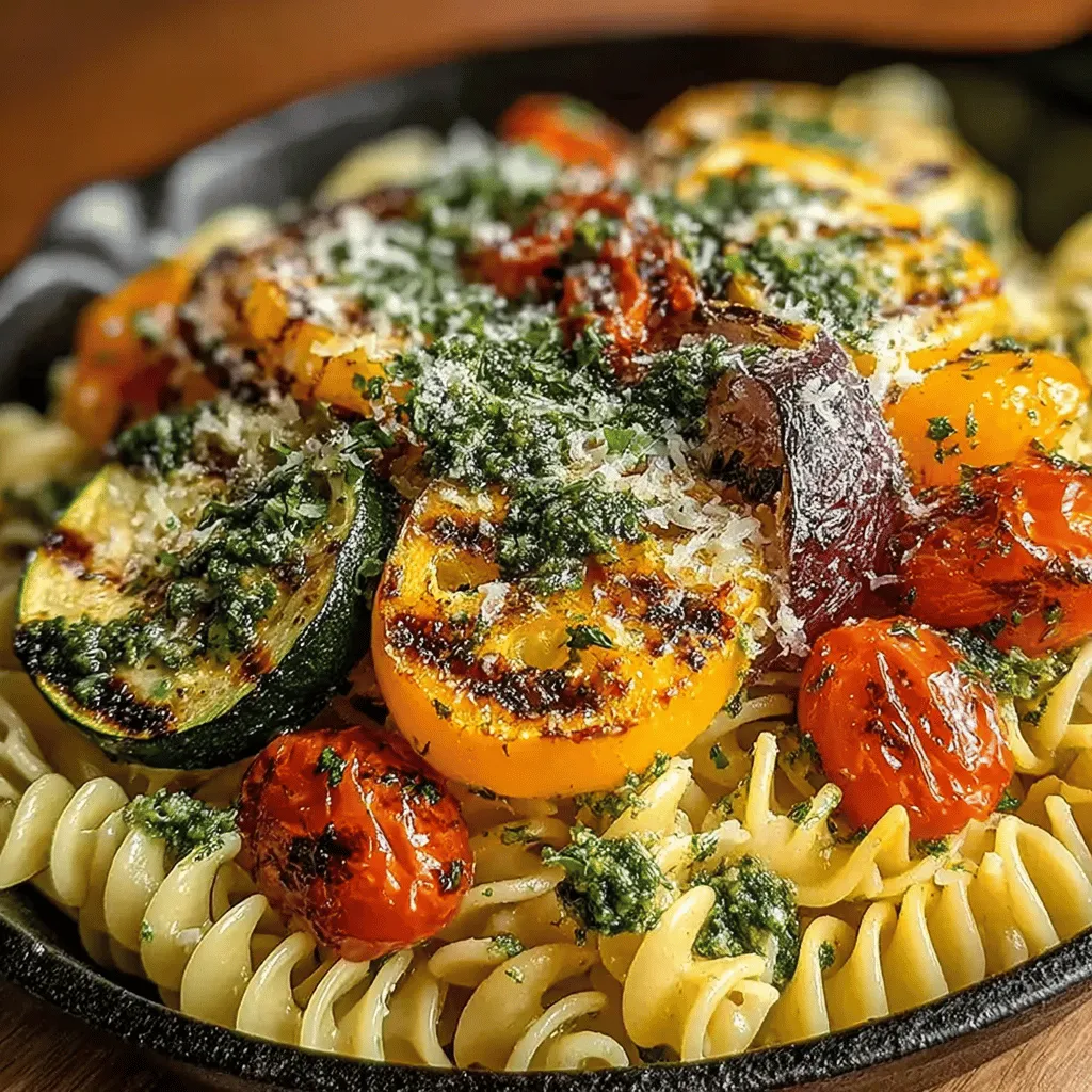 <strong>Pasta Varieties</strong>” /></p>
</p>
<h2>Step-by-Step Instructions for Creating a Fresh Basil Pesto</h2>
</p>
<p>Making a fresh basil pesto at home is simple and requires just a few ingredients. Here’s how you can make your own vibrant pesto that will elevate your grilled veggie pasta.</p>
</p>
<h3>Ingredients for Basil Pesto:</h3>
<p>– 2 cups fresh basil leaves, packed</p>
<p>– 1/2 cup extra virgin olive oil</p>
<p>– 1/3 cup pine nuts (or your choice of nuts)</p>
<p>– 1/2 cup grated Parmesan cheese (or nutritional yeast for a vegan option)</p>
<p>– 2 cloves garlic, minced</p>
<p>– Salt and pepper to taste</p>
<p>– Juice of 1 lemon (for brightness)</p>
</p>
<h3>Instructions:</h3>
<p>1. <strong>Toast the Nuts</strong>: Begin by lightly toasting the pine nuts in a dry skillet over medium heat for about 3-5 minutes, stirring frequently. This enhances their flavor but be careful not to burn them.</p>
</p>
<p>2. <strong>Blend Ingredients</strong>: In a food processor, combine the toasted pine nuts, basil leaves, garlic, and Parmesan cheese. Pulse until the ingredients are finely chopped.</p>
</p>
<p>3. <strong>Add Olive Oil</strong>: With the food processor running, slowly drizzle in the olive oil until the mixture is smooth. You may need to scrape down the sides to ensure everything is well combined.</p>
</p>
<p>4. <strong>Season</strong>: Add salt, pepper, and lemon juice to taste. Blend again until fully incorporated. Adjust the seasoning as needed, and make sure the pesto is well-balanced in flavor.</p>
</p>
<p>5. <strong>Store or Use</strong>: If not using immediately, transfer the pesto to an airtight container, drizzle a thin layer of olive oil on top to prevent browning, and refrigerate. It can be stored for up to one week.</p>
</p>
<h2>Options for Substitutions</h2>
</p>
<p>When making pesto, you have various options for substitutions based on dietary preferences:</p>
</p>
<p>– <strong>Nuts</strong>: While pine nuts are traditional, feel free to use walnuts, cashews, or almonds for different flavor profiles. If you have nut allergies, seeds like sunflower or pumpkin can work as alternatives.</p>
</p>
<p>– <strong>Cheese</strong>: For a vegan option, substitute Parmesan cheese with nutritional yeast, which adds a cheesy flavor without dairy. Alternatively, vegan Parmesan cheese can also be used.</p>
</p>
<p>– <strong>Herbs</strong>: Basil is classic, but you can experiment with other leafy herbs like parsley, cilantro, or even arugula, which brings a peppery kick to the pesto.</p>
</p>
<p>Balancing flavors is crucial in pesto. Make sure to adjust the acidity with lemon juice, and the richness with olive oil, ensuring that the earthy flavor of the nuts and the freshness of the herbs shine through.</p>
</p>
<h2>Combining Pasta, Vegetables, and Pesto</h2>
</p>
<p>Once your pesto is ready, it’s time to bring everything together. Here’s how to combine the grilled vegetables, pasta, and pesto for a delicious dish.</p>
</p>
<h3>Instructions:</h3>
<p>1. <strong>Cook the Pasta</strong>: In a large pot, bring salted water to a boil. Add your choice of whole grain pasta and cook according to the package instructions until al dente. Whole grain pasta offers more fiber and nutrients compared to traditional pasta, making it a healthier option.</p>
</p>
<p>2. <strong>Reserve Pasta Water</strong>: Before draining the pasta, reserve about a cup of the pasta water. This starchy water is essential for achieving the desired consistency in your final dish.</p>
</p>
<p>3. <strong>Grill the Vegetables</strong>: While the pasta cooks, grill your choice of vegetables. Bell peppers, zucchini, eggplant, and asparagus are great options. Toss them in olive oil, salt, and pepper, then grill until tender and slightly charred.</p>
</p>
<p>4. <strong>Combine</strong>: In a large bowl, add the drained pasta, grilled vegetables, and prepared pesto. Toss everything together, adding reserved pasta water a little at a time until you reach your desired consistency. The starchy water helps the pesto adhere to the pasta and creates a creamy texture.</p>
</p>
<p>5. <strong>Taste and Adjust</strong>: Taste the dish and adjust the seasoning if necessary. You can add more pesto or a sprinkle of cheese if desired.</p>
</p>
<h3>Techniques for Achieving the Right Consistency</h3>
</p>
<p>To ensure your grilled veggie pesto pasta has the perfect consistency:</p>
<p>– <strong>Use Reserved Pasta Water</strong>: Gradually add the reserved pasta water rather than dumping it all in at once. This allows you to control the texture and prevents the dish from becoming too watery.</p>
<p>– <strong>Toss Instead of Stirring</strong>: Use a gentle tossing motion with tongs to combine the ingredients. This helps to evenly distribute the pesto without breaking the pasta.</p>
</p>
<h3>Suggestions on Plating for Visual Appeal</h3>
</p>
<p>When plating your grilled veggie pesto pasta, consider the following tips for a visually appealing presentation:</p>
<p>– <strong>Layering</strong>: Start with a bed of pasta, then artfully arrange the grilled vegetables on top. This adds height and makes the dish look more sophisticated.</p>
<p>– <strong>Garnish</strong>: Finish off with a sprinkle of freshly grated Parmesan cheese, a drizzle of olive oil, and a few basil leaves for color.</p>
<p>– <strong>Color Contrast</strong>: Choose a colorful plate or bowl to enhance the visual appeal. The vibrant greens of the pesto and vegetables will pop against a white or light-colored dish.</p>
</p>
<h2>Nutritional Highlights of Grilled Veggie Pesto Pasta</h2>
</p>
<p>Grilled veggie pesto pasta is not only delicious but also packed with nutritional benefits:</p>
</p>
<h3>Health Benefits of Ingredients Used</h3>
<p>– <strong>Whole Grain Pasta</strong>: Offers more fiber, vitamins, and minerals compared to traditional pasta. It helps in digestion and provides sustained energy.</p>
<p>– <strong>Fresh Vegetables</strong>: Rich in vitamins, minerals, and antioxidants, grilled vegetables contribute to overall health and well-being.</p>
<p>– <strong>Basil and Herbs</strong>: Fresh herbs like basil are packed with nutrients and have anti-inflammatory properties, making them a healthy addition to any meal.</p>
<p>– <strong>Olive Oil and Nuts</strong>: Both are excellent sources of healthy fats. Olive oil is known for its heart-healthy benefits, while nuts provide protein and essential fatty acids.</p>
</p>
<p>Overall, this dish is a well-rounded meal that provides a variety of nutrients while being satisfying and flavorful.</p>
</p>
<h2>Serving Suggestions and Pairings</h2>
</p>
<p>Enhance your grilled veggie pesto pasta experience with these serving suggestions and pairings:</p>
</p>
<h3>Complementary Side Dishes</h3>
<p>– <strong>Arugula Salad</strong>: A simple arugula salad with lemon vinaigrette complements the richness of the pasta and adds a peppery contrast.</p>
<p>– <strong>Garlic Bread</strong>: Serve alongside warm garlic bread for a classic Italian touch that pairs perfectly with pesto.</p>
</p>
<h3>Beverage Pairings</h3>
<p>– <strong>White Wine</strong>: A chilled glass of Sauvignon Blanc or Pinot Grigio complements the herbal notes of the pesto beautifully.</p>
<p>– <strong>Sparkling Water</strong>: For a non-alcoholic option, sparkling water with a slice of lemon adds a refreshing touch.</p>
</p>
<h3>Cold Pasta Salad Option</h3>
<p>This grilled veggie pesto pasta can also be enjoyed as a cold pasta salad, making it ideal for meal prep or picnics. Simply cool the pasta and vegetables after combining them with the pesto, then refrigerate. Serve it chilled for a refreshing summer meal.</p>
</p>
<h2>Conclusion</h2>
</p>
<p>In conclusion, grilled veggie pesto pasta is a delightful dish that combines the freshness of grilled vegetables with the vibrant flavors of homemade basil pesto. Its simplicity and versatility make it a perfect choice for any occasion, from casual dinners to festive gatherings.</p>
</p>
<p>Feel free to experiment with different vegetables and pasta types to customize the dish to your liking. With its adaptability and health benefits, this recipe is bound to become a go-to favorite in your culinary repertoire. Enjoy the process of creating this delicious meal, and share it with friends and family for a delightful dining experience.</p>
</div>