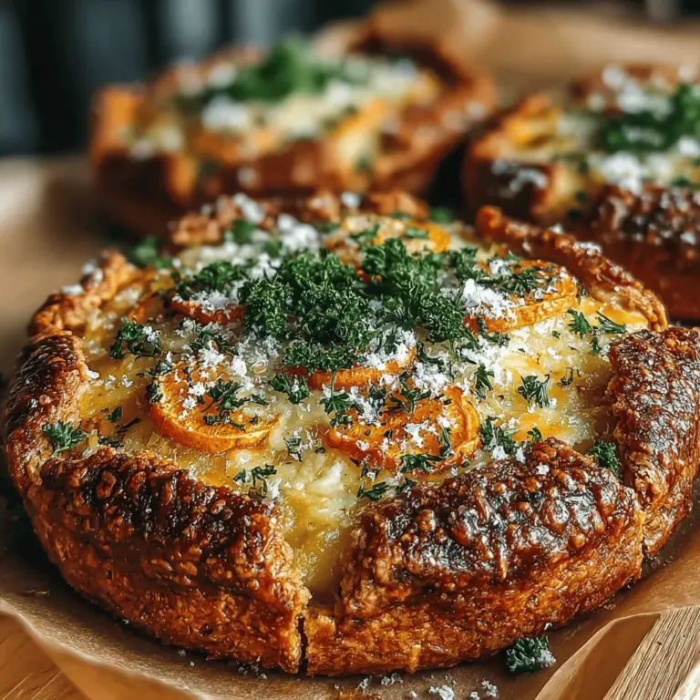 The Savory Herbed Sweet Potato & Cheddar Galette is a delightful dish that effortlessly combines rustic charm with comforting flavors. This recipe highlights the natural sweetness of roasted sweet potatoes, paired with the sharp, creamy richness of cheddar cheese, all enveloped in a flaky, buttery pastry. The addition of fresh herbs elevates the taste profile, making this galette not only a feast for the palate but also a visually appealing centerpiece for any meal. Whether served as a casual weeknight dinner, a sophisticated brunch item, or a delectable appetizer at gatherings, this galette proves to be remarkably versatile.