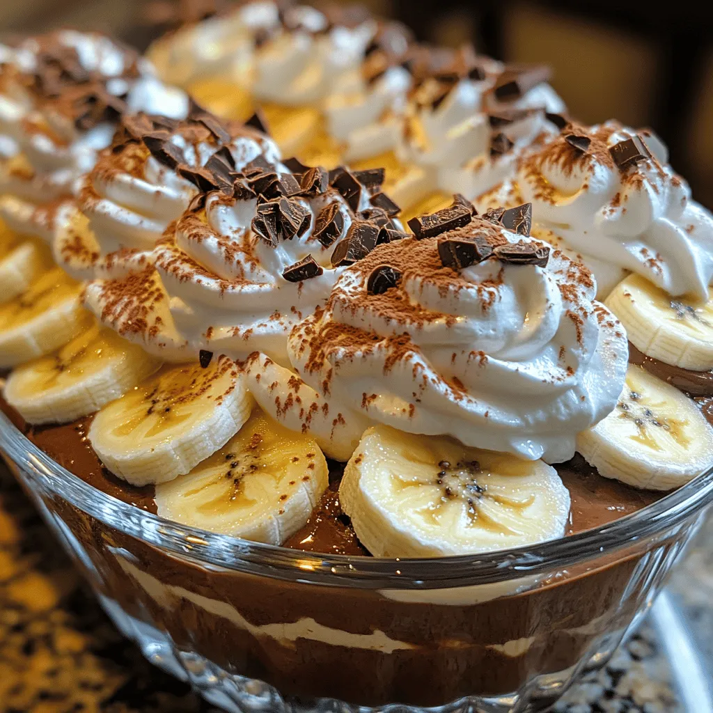 <strong>Introduction</strong>” /></p>
</p>
<p>Creating a masterpiece in the kitchen often involves a few essential steps that bring together flavor and texture. In this section, we will dive into the critical elements of assembling your Decadent Chocolate Banana Bliss, including incorporating the chocolate pudding, making the whipped cream, and adding finishing touches that will elevate your dessert to new heights.</p>
</p>
<h2>Adding the Chocolate Pudding</h2>
</p>
<p>To achieve the perfect balance of flavors in your Decadent Chocolate Banana Bliss, the chocolate pudding must be evenly distributed. This ensures that every spoonful carries the rich essence of chocolate and complements the sweet banana layers.</p>
</p>
<h3>Steps for Adding the Pudding</h3>
</p>
<p>1. <strong>Layering the Pudding</strong>: Once your chocolate pudding is prepared and cooled, use a spatula to gently fold it into your dessert dish. Start by adding a generous layer at the bottom. This layer will act as a base, providing a rich chocolate foundation for the bananas.</p>
</p>
<p>2. <strong>Creating the Balance</strong>: After your first layer of pudding, add a layer of sliced bananas. Ensure that the banana slices cover the pudding evenly, as this will enhance the flavor profile. The bananas will absorb some of the pudding’s richness, making each bite a delightful combination.</p>
</p>
<p>3. <strong>Repeat the Layers</strong>: Alternate layers of pudding and bananas until you reach the top of your serving dish. Aim for about three layers, but feel free to adjust based on your dish size. The final layer should be pudding, which acts as the smooth canvas for your whipped cream topping.</p>
</p>
<h2>Making the Whipped Cream</h2>
</p>
<p>Whipped cream is the crowning glory of your Decadent Chocolate Banana Bliss. Achieving the right texture is crucial for both flavor and presentation. Here’s how to make whipped cream that holds its shape and enhances your dessert.</p>
</p>
<h3>Techniques for Achieving Stiff Peaks</h3>
</p>
<p>1. <strong>Choosing Ingredients</strong>: Start with heavy cream (at least 36% fat content) and ensure it’s chilled. Cold cream whips better and faster, resulting in a fluffier texture.</p>
</p>
<p>2. <strong>Equipment Matters</strong>: Use a clean mixing bowl and beaters or a stand mixer. Stainless steel bowls are ideal for whipping cream, as they stay cold longer.</p>
</p>
<p>3. <strong>Whipping Process</strong>: Pour the chilled cream into the bowl and start mixing on low speed, gradually increasing to medium-high. As the cream begins to thicken, add in sugar to taste and a splash of vanilla extract for flavor.</p>
</p>
<p>4. <strong>Watch for Stiff Peaks</strong>: Continue whipping until you achieve stiff peaks. This means that when you lift the beaters, the whipped cream should hold its shape without collapsing. Be cautious not to over-whip, as this can turn your cream into butter.</p>
</p>
<h2>Topping it Off</h2>
</p>
<p>Once your whipped cream is ready, it’s time to layer it beautifully on your pudding and banana masterpiece. Presentation is key to making your Decadent Chocolate Banana Bliss visually appealing.</p>
</p>
<h3>How to Layer Whipped Cream for Presentation</h3>
</p>
<p>1. <strong>Using a Spatula</strong>: Gently spread a generous layer of whipped cream on top of the final pudding layer. Use a spatula to create smooth, even coverage.</p>
</p>
<p>2. <strong>Piping for Elegance</strong>: For a more elegant presentation, transfer your whipped cream to a piping bag fitted with a star tip. Pipe decorative swirls or rosettes on top of the pudding to create an eye-catching finish.</p>
</p>
<p>3. <strong>Creating Height</strong>: Don’t just flatten the whipped cream; create height with peaks and swirls. This not only enhances the visual appeal but also adds texture.</p>
</p>
<h2>Garnishing</h2>
</p>
<p>Garnishing is an excellent way to add flair and creativity to your dessert. Here are some imaginative ideas for finishing touches that will transform your Decadent Chocolate Banana Bliss into a showstopper.</p>
</p>
<h3>Creative Garnishing Ideas</h3>
</p>
<p>1. <strong>Chocolate Shavings</strong>: Use a vegetable peeler to create chocolate shavings from a chocolate bar. Scatter these on top of the whipped cream for added texture and visual contrast.</p>
</p>
<p>2. <strong>Banana Chips</strong>: For a crunchy element, sprinkle some banana chips over the whipped cream. They offer a delightful crunch that complements the soft bananas within.</p>
</p>
<p>3. <strong>Nuts</strong>: Chopped walnuts or pecans can add a nutty flavor and texture contrast. Sprinkle them over the top for an extra layer of taste.</p>
</p>
<p>4. <strong>Mint Leaves</strong>: Fresh mint leaves can add a pop of color and a refreshing taste. Place a couple of leaves on top or alongside the dessert for a vibrant touch.</p>
</p>
<h2>Chilling and Serving</h2>
</p>
<p>Once your Decadent Chocolate Banana Bliss is assembled and garnished, it’s crucial to let it chill for optimal texture and flavor development.</p>
</p>
<h3>The Importance of Refrigeration</h3>
</p>
<p>Chilling your dessert is essential for several reasons. First, it allows the pudding to set properly, which enhances the overall structure of the dessert. Second, it melds the flavors, creating a harmonious blend of chocolate and banana.</p>
</p>
<p>1. <strong>Setting the Pudding</strong>: Refrigerate your assembled dessert for at least 2 hours. This waiting period allows the pudding to firm up, making it easier to serve and ensuring that each slice holds its shape.</p>
</p>
<p>2. <strong>Serving Suggestions</strong>: When ready to serve, scoop out portions with a large spoon or spatula, ensuring you get layers of pudding, bananas, and whipped cream. Consider serving in individual cups or bowls for a more personal touch.</p>
</p>
<p>3. <strong>Pairing Options</strong>: Enhance the dessert experience with complementary pairings. A glass of cold milk or a rich cup of coffee can balance the sweetness of the dessert. If you prefer something fruity, a tart berry compote can cut through the richness and provide a refreshing contrast.</p>
</p>
<h2>Nutritional Information</h2>
</p>
<p>Understanding the nutritional components of your Decadent Chocolate Banana Bliss can help you enjoy it mindfully without compromising your dietary goals.</p>
</p>
<h3>Breakdown of Key Ingredients</h3>
</p>
<p>– <strong>Chocolate Pudding</strong>: Rich in antioxidants, especially dark chocolate, which can have health benefits when consumed in moderation.</p>
<p>– <strong>Bananas</strong>: A great source of potassium, vitamin C, and dietary fiber, bananas add nutritional value while enhancing the dessert’s sweetness.</p>
<p>– <strong>Whipped Cream</strong>: While delicious, whipped cream is high in calories and fat. Consider using a lighter whipped topping or reducing the portion size if you’re watching your caloric intake.</p>
</p>
<h3>Discussion on Portion Control</h3>
</p>
<p>While this dessert is irresistibly delightful, practicing portion control is key. Enjoy small servings to satisfy your sweet tooth without overindulging. This dessert is perfect for sharing, making it a great option for gatherings.</p>
</p>
<h2>The Experience of Decadent Chocolate Banana Bliss</h2>
</p>
<p>Enjoying your Decadent Chocolate Banana Bliss goes beyond just taste; it’s a multi-sensory experience that delights the palate and pleases the eye.</p>
</p>
<h3>Flavor Profile</h3>
</p>
<p>The balance of chocolate richness and banana sweetness creates a luxurious flavor experience. The deep, bittersweet notes of chocolate are beautifully offset by the natural sweetness of ripe bananas, making each bite a delightful journey.</p>
</p>
<h3>Texture Contrast</h3>
</p>
<p>This dessert features a harmonious contrast of textures. The creamy pudding melds with the soft banana slices, while the fluffy whipped cream adds lightness. Together, these elements create an indulgent yet balanced dessert that feels decadent without being overwhelming.</p>
</p>
<h3>Visual Appeal</h3>
</p>
<p>Don’t underestimate the power of presentation. A well-garnished Decadent Chocolate Banana Bliss not only entices the eyes but also sets the stage for an enjoyable dessert experience. Take the time to create layers that are visible from the side of the glass or dish, showcasing the beautiful interplay of colors and textures.</p>
</p>
<h2>Conclusion</h2>
</p>
<p>Decadent Chocolate Banana Bliss is more than just a dessert; it’s an experience that brings joy to both the maker and the consumer. With its simple yet rich flavors, this recipe invites you to indulge in a moment of pure delight. Whether it’s a family gathering or a quiet evening at home, this dessert is sure to satisfy your sweet tooth and leave a lasting impression. Embrace the bliss of chocolate and bananas, and enjoy every luscious bite.</p>
</p>
<p>By following these detailed steps and tips, you can create a stunning dessert that not only tastes incredible but also looks impressive on any table. So, gather your ingredients, unleash your creativity, and prepare to impress your guests with this decadent treat!</p>
</div>