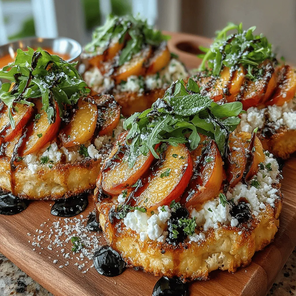 When it comes to baking the sweet summer peach honey flatbread, the timing is crucial to achieving that perfect golden-brown crust while ensuring the toppings are adequately warmed but not overcooked. Generally, the ideal baking time for these flatbreads is between <strong>10 to 15 minutes</strong> at a temperature of <strong>400°F (200°C)</strong>.” /></p>
</p>
<h2>Ideal Baking Time and Signs That the Flatbreads Are Ready</h2>
</p>
<p>When it comes to baking the sweet summer peach honey flatbread, the timing is crucial to achieving that perfect golden-brown crust while ensuring the toppings are adequately warmed but not overcooked. Generally, the ideal baking time for these flatbreads is between <strong>10 to 15 minutes</strong> at a temperature of <strong>400°F (200°C)</strong>.</p>
</p>
<p>To determine if your flatbreads are ready, look for the following signs:</p>
</p>
<p>– <strong>Golden Brown Color</strong>: The edges should be a lovely golden brown. The crust will look slightly crisp, which is a good indication that it’s ready to come out of the oven.</p>
<p>– <strong>Cheese Melting</strong>: If you’ve used cheese as one of the toppings, it should be bubbly and melted, enhancing the overall appeal and flavor of the flatbread.</p>
<p>– <strong>Fruity Aroma</strong>: The sweet aroma of peaches and honey should fill your kitchen. This olfactory cue is a great indicator that your flatbreads are nearing perfection.</p>
</p>
<h3>Importance of Monitoring While Baking to Prevent Burning</h3>
</p>
<p>While it’s easy to get caught up in the excitement of baking, it’s essential to keep an eye on your flatbreads during the baking process. Ovens can vary in temperature, and flatbreads can go from perfectly baked to burnt very quickly. Setting a timer and checking your flatbreads a couple of minutes before the end of the recommended baking time will help you avoid any mishaps. If you notice the edges browning faster than the center, you can rotate the baking tray for even baking or lower the temperature slightly to ensure a perfect end result.</p>
</p>
<h2>Final Touches: Drizzling and Garnishing</h2>
</p>
<h3>How to Properly Drizzle Honey and Balsamic Glaze</h3>
</p>
<p>Once your flatbreads are out of the oven, it’s time to add those final touches that elevate the dish. Drizzling honey and balsamic glaze not only adds flavor but also enhances the visual appeal.</p>
</p>
<p>1. <strong>Honey Drizzling</strong>: Use a squeeze bottle or a spoon to drizzle honey over the warm flatbreads. Start in the center and work your way outwards, creating a beautiful, artistic pattern. The warmth of the flatbread will slightly melt the honey, allowing it to seep into the toppings.</p>
</p>
<p>2. <strong>Balsamic Glaze</strong>: For the balsamic glaze, use a similar technique. If you have a bottle with a narrow opening, it can create delicate lines. If you’re using a regular spoon, let the glaze flow gently from the spoon’s edge. The tangy notes of the balsamic will contrast beautifully with the sweetness of the peaches and honey.</p>
</p>
<h3>The Role of Arugula in Enhancing Flavor and Presentation</h3>
</p>
<p>Arugula is not just an afterthought; it plays a significant role in both flavor and presentation. The peppery notes of arugula add a refreshing crunch that balances the sweetness of the peaches and honey. To use arugula effectively:</p>
</p>
<p>– After drizzling the honey and balsamic glaze, scatter a generous handful of fresh arugula over each flatbread. This not only adds a pop of green but also contributes nutritional value.</p>
<p>– For an enhanced visual presentation, arrange the arugula in a slightly messy but artful way, allowing the vibrant greens to contrast against the warm hues of the flatbread.</p>
</p>
<h2>Serving Suggestions</h2>
</p>
<h3>Presentation Ideas for Flatbreads</h3>
</p>
<p>When serving your sweet summer peach honey flatbreads, presentation is key to creating an inviting dish. Here are some creative ways to slice and arrange the flatbreads:</p>
</p>
<p>– <strong>Slice into Triangles</strong>: After baking, cut the flatbreads into triangles for easy serving, much like a pizza. Arrange them in a circular pattern on a wooden board for a rustic feel.</p>
<p>– <strong>Individual Servings</strong>: For a more refined presentation, serve each flatbread as an individual portion on small plates, garnished with a few extra arugula leaves and a drizzle of glaze.</p>
<p>– <strong>Garnish with Edible Flowers</strong>: Consider adding edible flowers around the flatbreads for a stunning visual appeal that’s perfect for summer gatherings.</p>
</p>
<h3>Pairing Options with Beverages: Wine, Cocktails, or Refreshing Iced Teas</h3>
</p>
<p>To complement your delicious flatbreads, consider these beverage pairings:</p>
</p>
<p>– <strong>Wine</strong>: A chilled <strong>Sauvignon Blanc</strong> or a light <strong>Rosé</strong> pairs excellently with the sweet and savory notes of the flatbread, enhancing the overall dining experience.</p>
<p>– <strong>Cocktails</strong>: For a refreshing drink, try a <strong>Peach Bellini</strong> or a <strong>Mint Mojito</strong>. These fruity cocktails echo the flavors of the flatbread and are perfect for a summer gathering.</p>
<p>– <strong>Iced Teas</strong>: On a hot day, a glass of homemade <strong>iced lemon tea</strong> or <strong>peach iced tea</strong> can be a refreshing non-alcoholic option that brings out the best in your flatbread.</p>
</p>
<h2>Variations and Adaptations</h2>
</p>
<h3>Exploring Flavor Combinations</h3>
</p>
<p>One of the best aspects of flatbreads is their versatility. Feel free to get creative with the ingredients. Here are some suggestions for seasonal fruits and flavor combinations to explore:</p>
</p>
<p>– <strong>Seasonal Fruits</strong>: Instead of peaches, consider using <strong>nectarines, plums, or figs</strong>. Each fruit brings its unique sweetness and texture, allowing you to enjoy a variety of flavors.</p>
<p>– <strong>Alternative Cheeses</strong>: While goat cheese offers a creamy tang, you can substitute it with <strong>ricotta</strong> for a milder flavor or <strong>mascarpone</strong> for an ultra-creamy texture. If you prefer a sharper taste, <strong>feta cheese</strong> can add a delightful tanginess.</p>
<p>– <strong>Herb Substitutions</strong>: Instead of arugula, try using <strong>fresh basil or mint</strong>. Both herbs will impart aromatic freshness, enhancing the overall flavor profile of the flatbread.</p>
</p>
<h3>Dietary Modifications</h3>
</p>
<p>If you or your guests have specific dietary needs, consider these modifications:</p>
</p>
<p>– <strong>Gluten-Free Flatbread Options</strong>: Use gluten-free flatbread or make your own using almond flour or chickpea flour. This way, everyone can enjoy the dish without gluten concerns.</p>
<p>– <strong>Vegan Adaptations</strong>: For a vegan version, replace the cheese with <strong>plant-based ricotta</strong> or a nut-based spread. You can also substitute honey with <strong>agave syrup</strong> or <strong>maple syrup</strong> for a completely plant-based treat.</p>
</p>
<h2>Nutritional Benefits</h2>
</p>
<h3>Analyzing the Health Aspects of the Ingredients</h3>
</p>
<p>Let’s take a moment to appreciate the nutritional benefits of the ingredients in your sweet summer peach honey flatbread:</p>
</p>
<p>– <strong>Peaches</strong>: Rich in vitamins A and C, peaches are low in calories and provide antioxidants that promote overall health.</p>
<p>– <strong>Honey</strong>: This natural sweetener is not only delicious but also packed with antioxidants and has antibacterial properties.</p>
<p>– <strong>Arugula</strong>: This leafy green is a nutrient powerhouse, providing vitamins K, A, and C, as well as calcium and iron.</p>
<p>– <strong>Olive Oil</strong>: A healthy fat source, olive oil is known for its heart-healthy properties and can help reduce inflammation.</p>
</p>
<p>Overall, this flatbread is a delightful combination of flavors and health benefits, making it a perfect addition to your summer menu.</p>
</p>
<h2>Conclusion</h2>
</p>
<p>The Sweet Summer Peach Honey Flatbread is a celebration of seasonal flavors, offering a delightful mix of sweetness and savory notes. This easy-to-make recipe is perfect for casual gatherings or as a special treat to enjoy on your own. By understanding the ingredients, preparation steps, and variations, you can customize this dish to suit your taste and dietary needs. Whether you’re a seasoned cook or a beginner, this recipe promises to impress and satisfy, bringing a touch of summer to your table year-round. Enjoy creating and savoring this delectable flatbread!</p>
</div>
