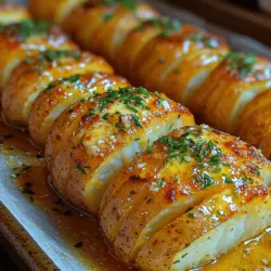 To create the irresistible garlic herb butter that will elevate your Hasselback potatoes, start by gathering your ingredients. You will need one stick (1/2 cup) of unsalted butter, freshly minced garlic (about four cloves), and a blend of your favorite herbs. Fresh herbs like rosemary, thyme, and parsley work wonderfully, but feel free to use dried herbs if that’s what you have on hand.