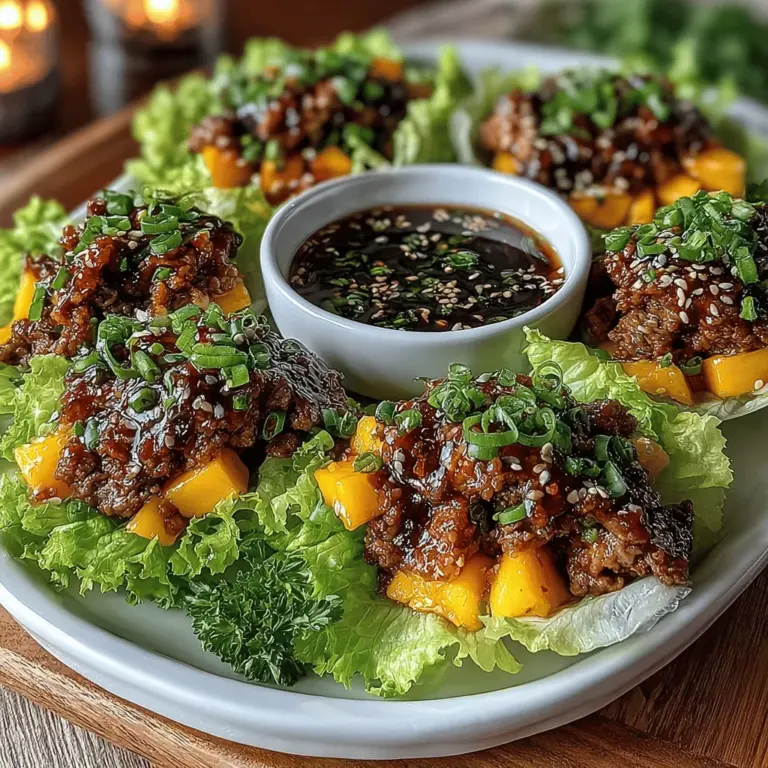 Tropical Beef Lettuce Wraps with Mango Glaze is a vibrant and delicious dish that seamlessly marries the savory richness of beef with the sweet, tropical notes of mango. This recipe is not just a feast for the palate but also a feast for the eyes, showcasing a colorful array of flavors and textures. Picture tender ground beef wrapped in crisp lettuce leaves, topped with a luscious mango glaze that adds a layer of sweetness, all while providing a refreshing crunch. This dish is perfect for those seeking a light yet satisfying meal that doesn’t compromise on flavor.