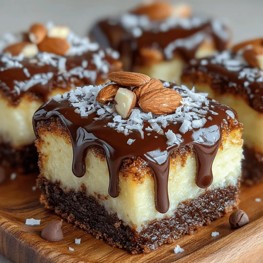 Step into the world of indulgent desserts with our Almond Joy Bliss Cheesecake Bars. Inspired by the beloved Almond Joy candy bar, this recipe marries creamy cheesecake with delightful layers of chocolate, coconut, and almonds, all harmoniously blended into a bar form. Whether you are hosting a gathering, looking for a show-stopping dessert to impress your guests, or simply craving something sweet, these cheesecake bars are an exceptional choice. Their combination of textures—from the crunchy crust to the silky filling and glossy ganache—ensures they are not just a treat for the taste buds but also a feast for the eyes.