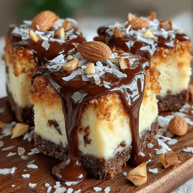 Step into the world of indulgent desserts with our Almond Joy Bliss Cheesecake Bars. Inspired by the beloved Almond Joy candy bar, this recipe marries creamy cheesecake with delightful layers of chocolate, coconut, and almonds, all harmoniously blended into a bar form. Whether you are hosting a gathering, looking for a show-stopping dessert to impress your guests, or simply craving something sweet, these cheesecake bars are an exceptional choice. Their combination of textures—from the crunchy crust to the silky filling and glossy ganache—ensures they are not just a treat for the taste buds but also a feast for the eyes.