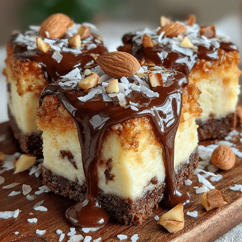 Step into the world of indulgent desserts with our Almond Joy Bliss Cheesecake Bars. Inspired by the beloved Almond Joy candy bar, this recipe marries creamy cheesecake with delightful layers of chocolate, coconut, and almonds, all harmoniously blended into a bar form. Whether you are hosting a gathering, looking for a show-stopping dessert to impress your guests, or simply craving something sweet, these cheesecake bars are an exceptional choice. Their combination of textures—from the crunchy crust to the silky filling and glossy ganache—ensures they are not just a treat for the taste buds but also a feast for the eyes.